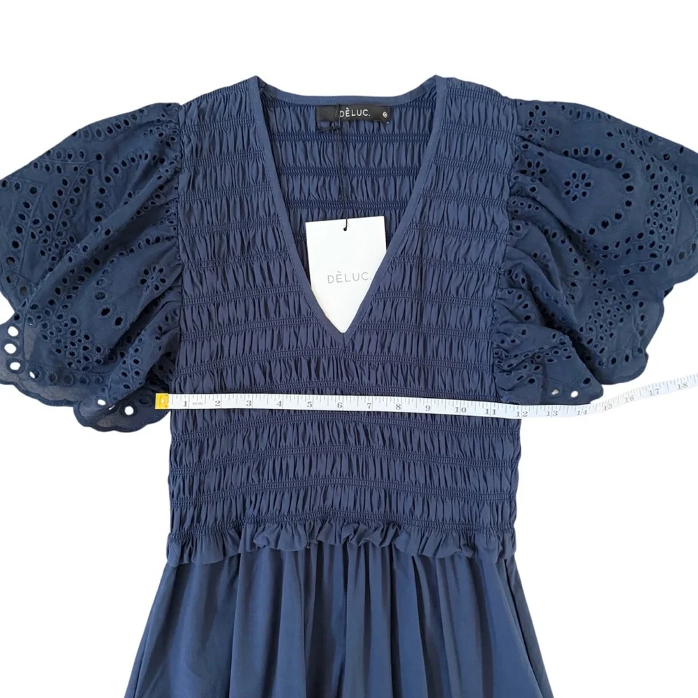 Deluc Avis Smocked Midi Dress Blue Embroidered Ruffle Pockets NWT M - Picture 12 of 14